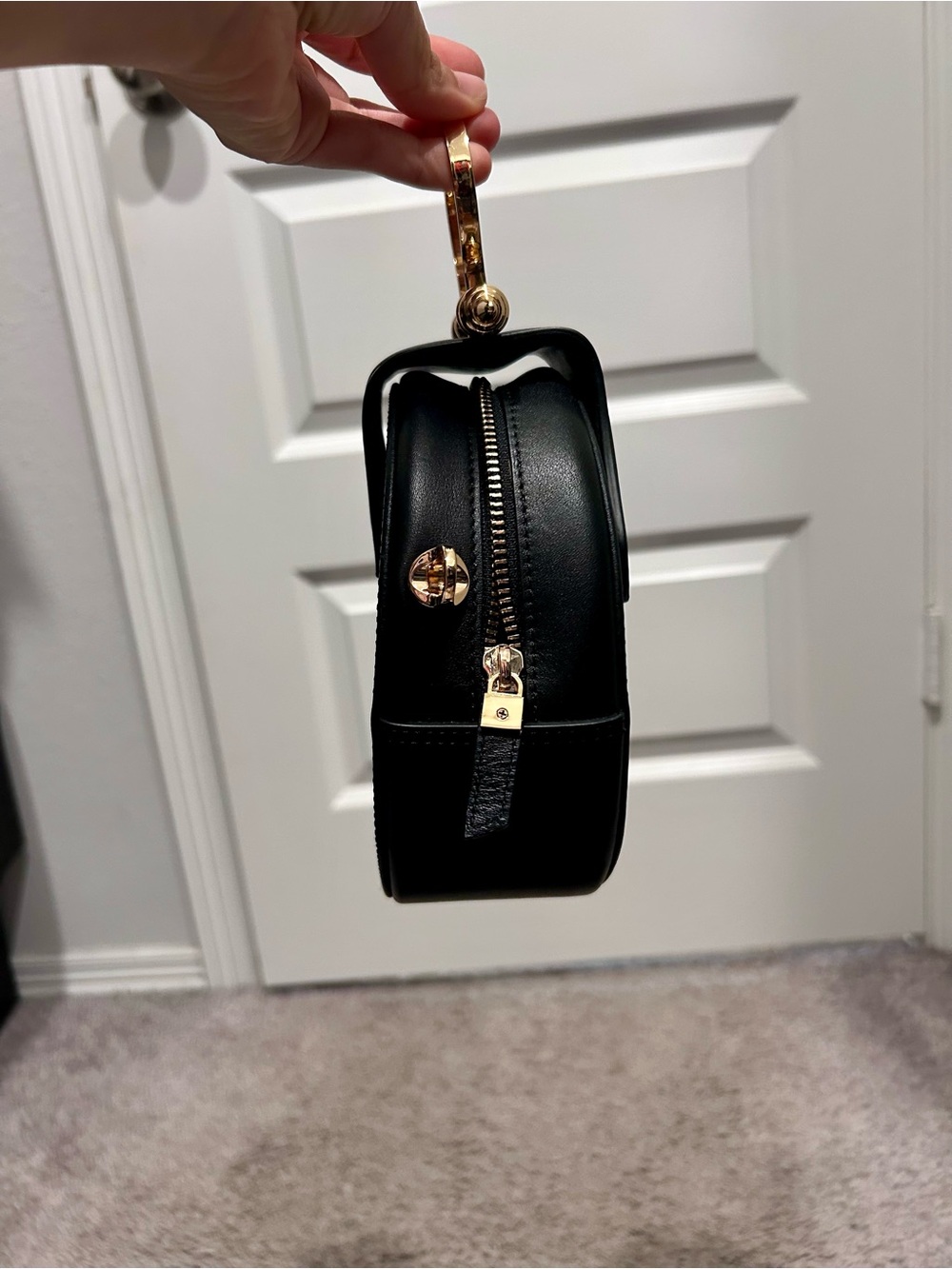 Round Mini Top-Handle Bag in Black with Rose Gold Accent - Picture 2 of 3